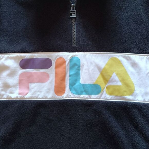 FILA Black Colorful Logo Panel Quarter Zip Pullover Fleece Sweater Large - Picture 4 of 13
